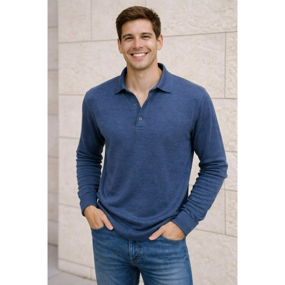 Marbas Merino Wool Long Sleeve Polo Sweater Mens Large 52 Blue Made In Italy